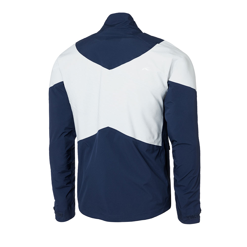 The rear view of a blue and white KJUS Pro 3L jacket.
