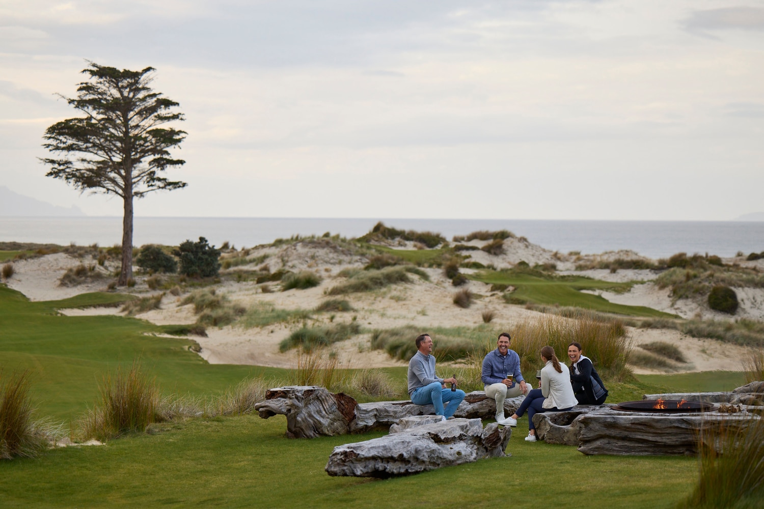Four people sitting on benches made of driftwood in front of the coastline, drinking red wine.