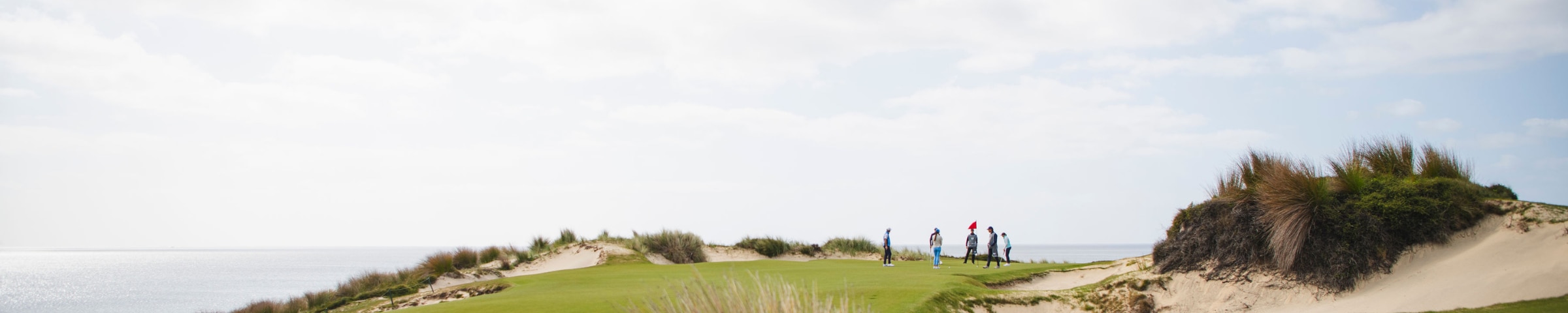 Some golf players in the distance on a green.