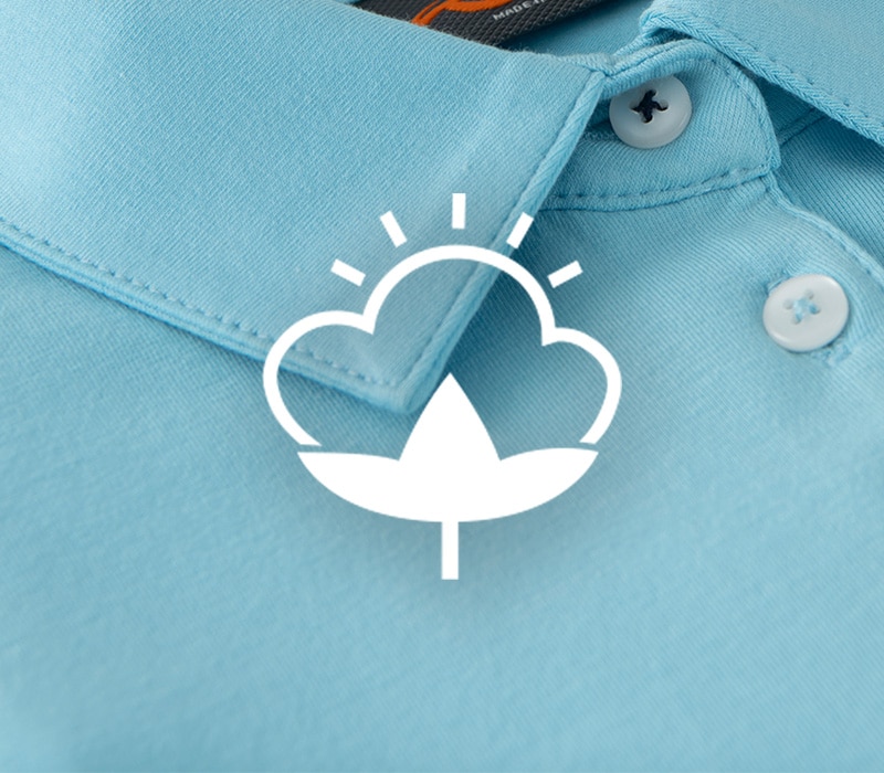 KJUS polo collar detail with hollow pima cotton plant icon graphic